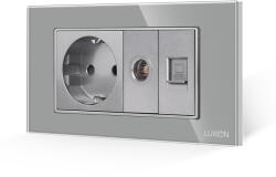 Luxion Priza Schuko cu TV si Internet, rama din sticla gri Luxion, standard italian 4M (LXI-045/32/38GF-GY)