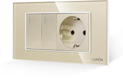 Luxion Intrerupator dublu cu priza Luxion, rama din sticla, auriu, standard italian 4M (LXI-2008/045GF-G)