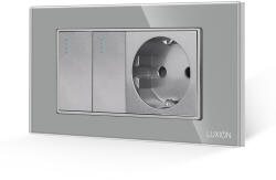 Luxion Intrerupator dublu cu priza si rama din sticla Luxion, standard italian, 4M, gri (LXI-2008/045GF-GY)