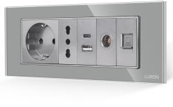 Luxion Priza Schuko cu USB, TV si Internet, rama din sticla Luxion 6M gri (LXI-045/52/47/32/38GF-GY)