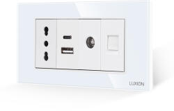 Luxion Priza îngusta cu USB dublu, TV si Internet, rama din sticla Luxion 4M alb (LXI-052/47/32/38GF-W)