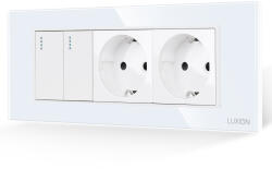 Luxion Intrerupator dublu cu 2 prize Luxion, rama din sticla alba, standard italian 6M (LXI-2008/2045GF-W)