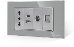Luxion Priza îngusta 4M cu dublu USB, TV si internet, rama sticla Luxion gri (LXI-052/47/32/38GF-GY)