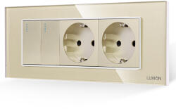 Luxion Intrerupator dublu cu 2 prize Luxion, rama din sticla aurie, standard italian 6M (LXI-2008/2045GF-G)