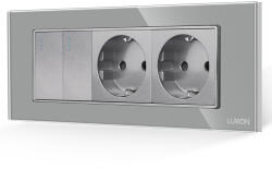 Luxion Intrerupator dublu cu 2 prize Luxion, rama din sticla gri, standard italian 6M (LXI-2008/2045GF-GY)