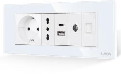 Luxion Priza Schuko + Ingusta + Dubla USB + TV + Internet cu Rama Din Sticla LUXION, Standard Italian, 6M (LXI-045/52/47/32/38GF-W)