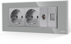 Luxion Priza Dubla Schuko + TV + Internet cu Rama din Sticla LUXION, Standard Italian, 6M (LXI-2045/32/38GF-GY)
