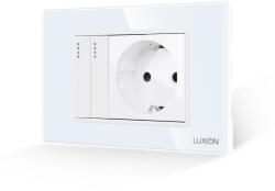 Luxion Intrerupator dublu cu priza Luxion, rama din sticla alba, standard italian 3M (LXI-011/045GF-W)