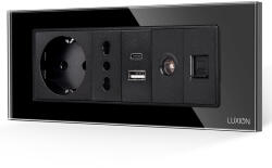 Luxion Priza Schuko 6M cu USB, TV si Internet, rama din sticla Luxion (LXI-045/52/47/32/38GF-B)