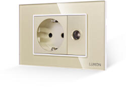 Luxion Priza Schuko cu priza TV si rama din sticla aurie Luxion, standard italian 3M (LXI-045/32GF-G)