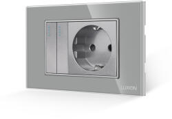 Luxion Intrerupator dublu cu priza Luxion, rama din sticla gri, standard italian 3M (LXI-011/045GF-GY)