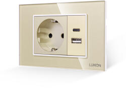 Luxion Priza Schuko cu USB A+C si rama din sticla Luxion, auriu, standard italian 3M (LXI-045/47GF-G)