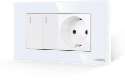 Luxion Intrerupator dublu cu priza si rama din sticla Luxion, standard italian, 4M, alb (LXI-2008/045GF-W)