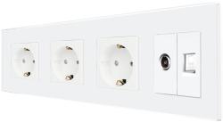 Luxion Priza tripla Schuko cu TV si Internet, rama din sticla Luxion alba (LX-3MP010/26/25G-W)