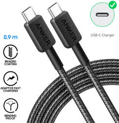 Anker Cablu Anker, conectori USB-C la USB-C, 60W Incarcare si Transfer Date 480 Mbps, Braided, lungime 0.9m, Negru (A81F5G11) (0194644125806)