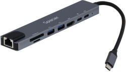 Spacer Docking station universal 8 in 1, Spacer, conectare Type-C, USB 3.0 x 2|USB Type C x 1|PD 87W x 1|HDMI x 1 4K (30Hz)|RJ-45 (1000MHz/s)| SD Cardx1| TF (MicroSD)x1, aluminiu, gri