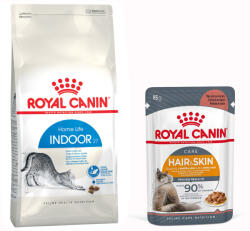Royal Canin 2kg Royal Canin Indoor száraz macskatáp +12x85g Hair & Skin szószban nedvestáp