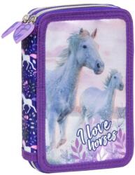 DERFORM Kétrekeszes emeletes tolltartó felszereléssel, lovas, I love horses, lila