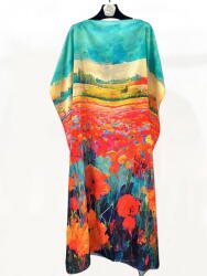 SHOPIKA Rochie de plaja lunga tip poncho din matase cu peisaj cu maci stilizati pe fond albastru Talie unica