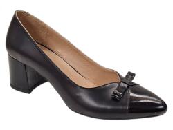 Galarieli Pantofi eleganți damă negri din piele naturală, cu vârf lăcuit, fundă și toc gros KN1N, marimea 36