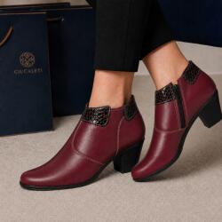 Ciucaleti LUX Botine damă grena din piele naturală, cu toc gros și inserții maro lăcuite - elegante și office MV4GRN, marimea 39