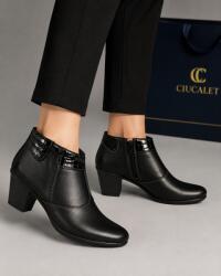 Ciucaleti LUX Botine damă negre din piele naturală, cu toc gros și inserții lăcuite - elegante și office MV4NBOX, marimea 40