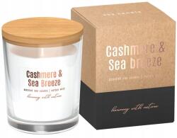 BISPOL Cashmere & Sea Breeze szójagyertya üvegben, 130g, fa fedéllel, (SN73-327)