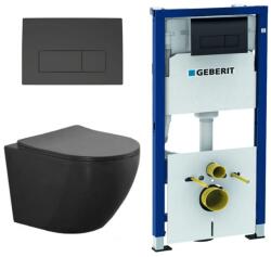 Anahita Construction Set vas WC suspendat Eternity cu capac soft close 36 x 52.5 x 32 cm si rezervor incastrat Geberit Duofix 458.128. DW. 2 cu clapeta Delta50 negru lucios (LX1901MB/GEB458.128.DW.2)