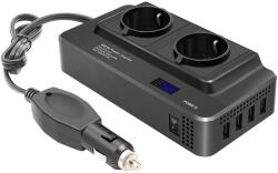 Techstar Invertor de putere cu unda sinusoidala Techstar®, 200W, DC12V la AC220V, Afisaj LCD, 2 prize AC EU, 4 Porturi USB cu Incarcare rapida, Negru (SKU2845)