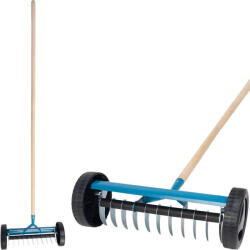 Strend Pro Greblă de grădină, Strend Pro Garden R152W, albastră, 11 dinți, cap din oțel, coadă din lemn, pentru plivit, aerator de gazon, cu roți Grebla