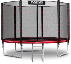 Neo-Sport Kerti trambulin, Neo-Sport, fekete/piros, átmérő: 312 cm, kerek, magasság: 65 cm, 180 cm külső védőháló, létra, acél váz, 3 dupla láb, 150 kg teherbírás, 54 db rugó, fekete oszlopok (TENS-10Z241)