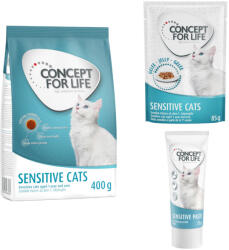 Concept for Life Concept for Life Sensitive vegyes próbacsomag macskáknak- 12 x 85 g nedvestáp aszpikban + 400 g száraztáp + 75 g paszta