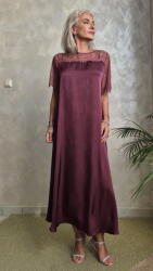 SHOPIKA Rochie maxi A-line din satin matase si vascoza, insertii din dantela si croi fluid, bordo Talie unica
