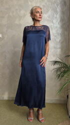 SHOPIKA Rochie maxi A-line din satin matase si vascoza, insertii din dantela si croi fluid, bleumarin Talie unica