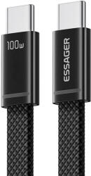Essager ES-X85 USB-C - USB-C (0.25m) Kábel, 100W PD Gyorstöltő - Extra Rövid, Lapos kialakítás, Fonott Fekete Kábel