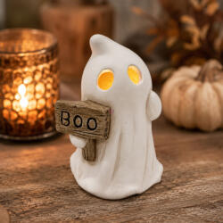 QX-IMP Kerámia szellem BOO táblával és LED-del, kb. 10 × 8 cm (136707)