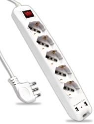 V-TAC Priza multipla V-TAC cu 5 socketi, 2 USB, 1.5m cablu, culoare alba (80256301)
