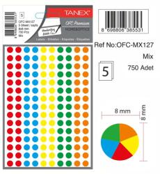Tanex Etichete autoadezive rotunde, D 8 mm, 750 buc/set, TANEX, culori fluorescente asortate (TX-OFC-MX127)
