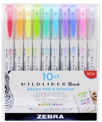 Zebra Markere, set, 0, 5/0, 7 mm, cu două vârfuri, ZEBRA "Mildliner Brush&Marker", 10 culori diferite, 10 buc