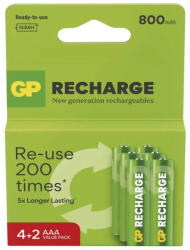 GP Batteries Recharge 800mAh HR03/6S B27186 NiMH mikro akkumulátor AAA újratölthető elem (GP-800-6S)