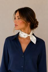 Shopika Esarfa colier satinata cu perla decorativa si inchidere magnetica, imprimeu marin stilizat pe fond alb