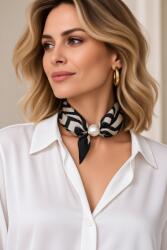 Shopika Esarfa colier satinata cu perla decorativa si inchidere magnetica, imprimeu geometric camel si negru