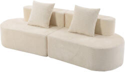 HOMCOM Canapea 3 locuri curbată, catifea cu nervuri 245cm, canapea living, șezut adânc, 2 perne, livrat comprimat, crem | Aosom Romania (83B-941V00CW) Canapea