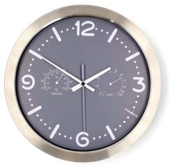Nedis falióra, 30 cm átmérő, rozsdamentes acél, csendes szerkezet, hőmérő, páratartamom mérő (CLWA5226SS) (CLWA5226SS)