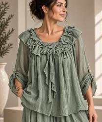 SHOPIKA Bluza din matase si vascoza cu volan si dantela aplicata, verde salvie usor prespalat Talie unica