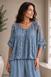 SHOPIKA Bluza din matase si vascoza cu broderie bogata, dantela pe spate si nasturei, albastru jeans Talie unica