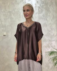 SHOPIKA Bluza oversized din matase si vascoza satinata, cu fir auriu la decolteu in V, maro ciocolata Talie unica