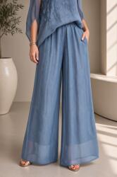 Shopika Pantaloni dama eleganti, largi, din matase si vascoza cu dublura, albastru jeans usor prespalata Talie unica