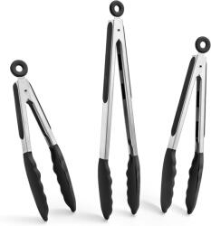 TYPEC Set 3 clesti de bucatarie din inox cu varfuri din silicon termorezistent, mecanism de blocare, pentru gatit, servire si gratar / BBQ, Negru Cleste