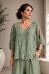 SHOPIKA Bluza din matase si vascoza cu broderie pe fata si decolteu in V, verde salvie Talie unica